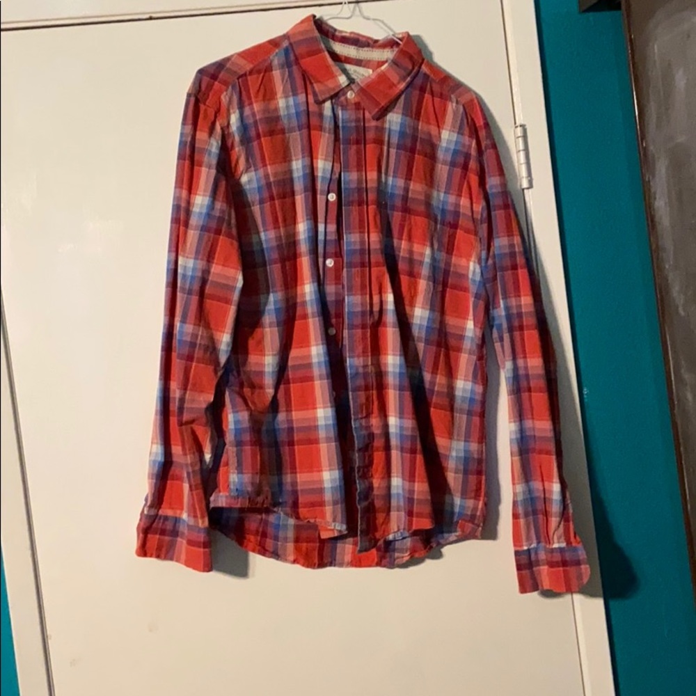 Red white and blue checkerd buttoned up